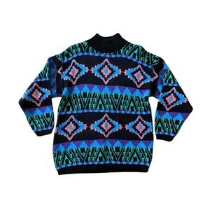 Vintage 90s Mock Neck Geometric Knit Sweater - Size M